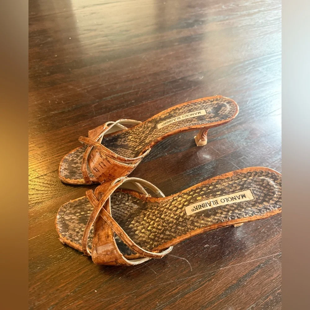 Manolo Blahnik Tan Snakeskin Kitten Heel Sandal - Picture 2 of 4